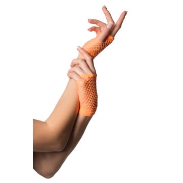 Fingerless Gloves Short Fishnet Neon Orange - 6 Pack