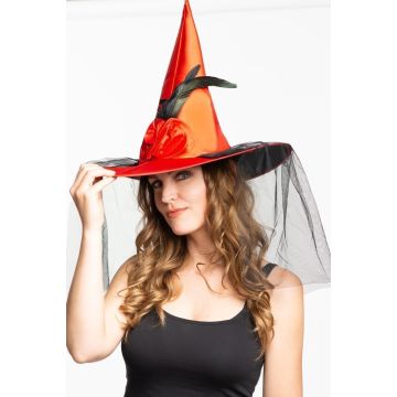 Witch Hat Red with Veil & Flower Decoration - 6 Pack