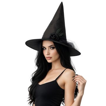 Heksenhoed Zwart met Bloem & Tule Decoratie - 6 Pack
