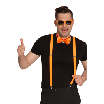 Set Suspenders/Glasses/Bow Tie Neon Orange - 6 Pack