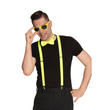 Set  Suspenders/Glasses/Bow Tie Neon Yellow - 6 Pack