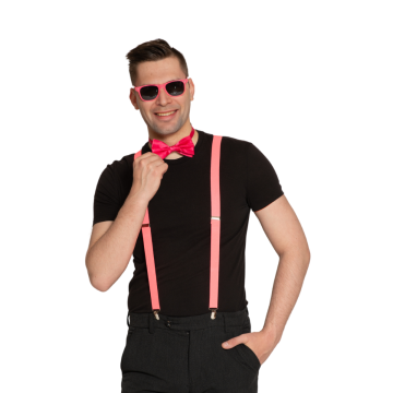 Set Suspenders/Glasses/Bow Tie Neon Pink - 6 Pack