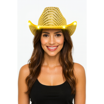 Cowboy Hoed Pailletten met licht incl Batterijen Goud - 6 Pack
