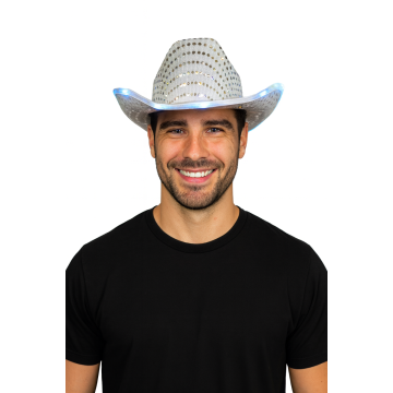 Cowboy Hoed Pailletten met licht incl Batterijen Zilver - 6 Pack