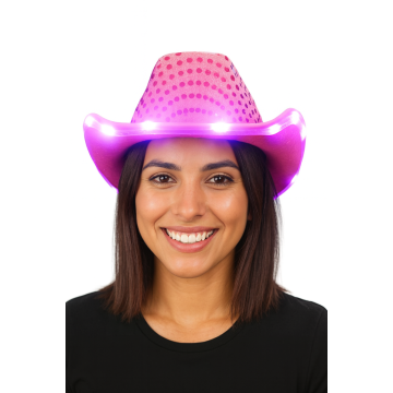 Cowboy Hoed Pailletten met licht incl Batterijen Neon Roze - 6 Pack