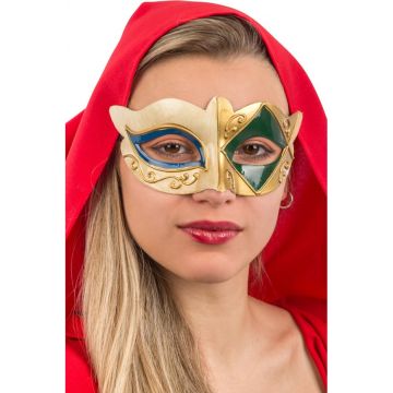 Plastic Venetiaans Masker met Blauwe  en Groene Decoratie