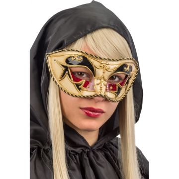 Plastic Venetiaans Masker met Rode en Zwarte Decoratie