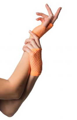Fingerless Gloves Short Fishnet Neon Orange - 6 Pack