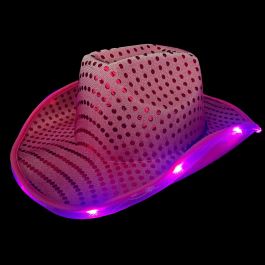 Cowboy Hoed Pailletten met licht incl Batterijen Neon Roze