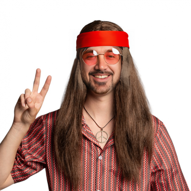 Hippie Set - Bril/Pruik/Hoofdband & Metalen Ketting - 3 Pack