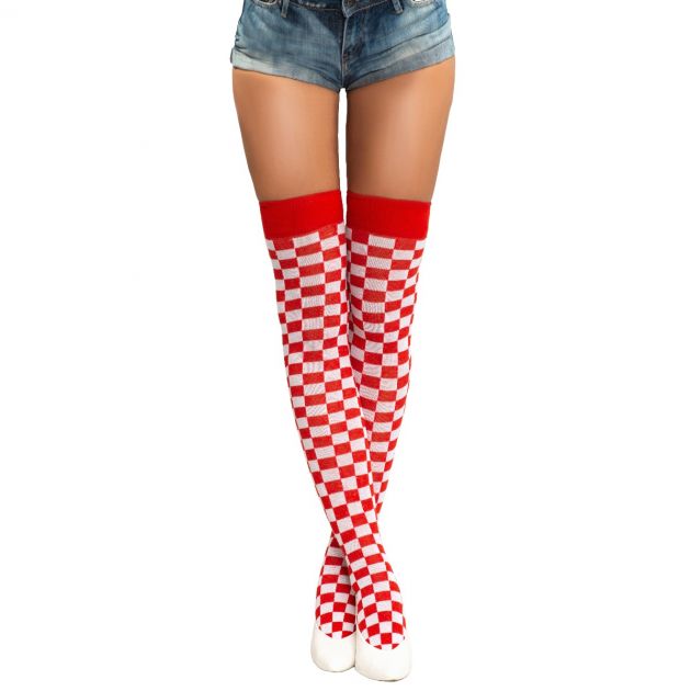 Over-Knee Sokken Rood/Wit Geblokt 'Brabant' - 6 Paar - One-Size