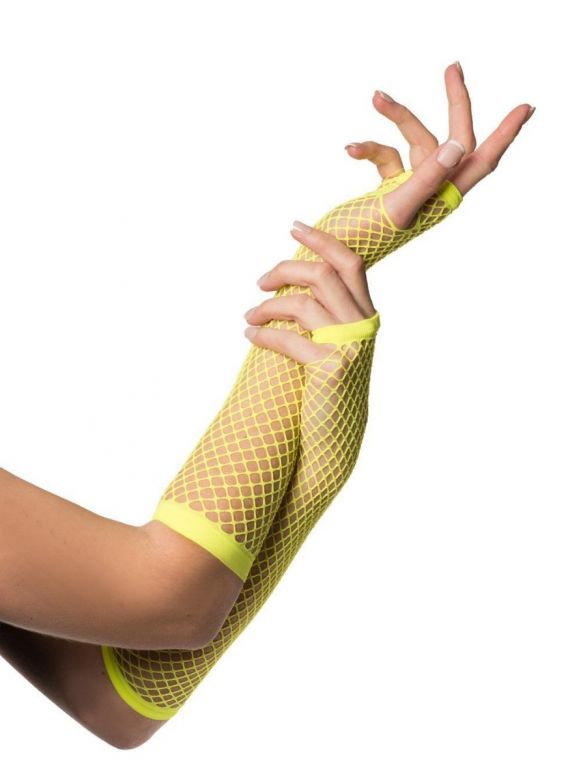 Fingerless Gloves Long Fishnet Neon Yellow - 6 Pack