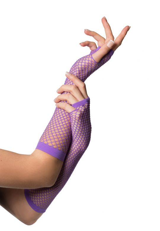 Fingerless Gloves Long Fishnet Purple - 6 Pack