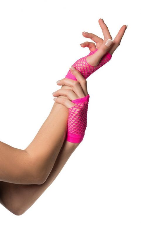 Fingerless Gloves Short Fishnet Neon Pink - 6 Pack