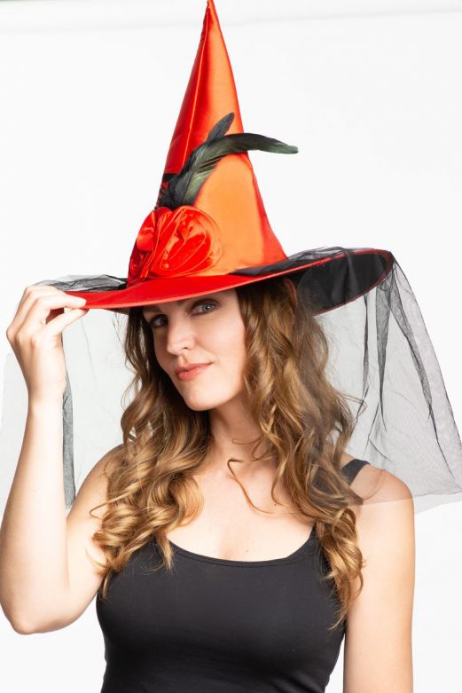 Witch Hat Red with Veil & Flower Decoration - 6 Pack