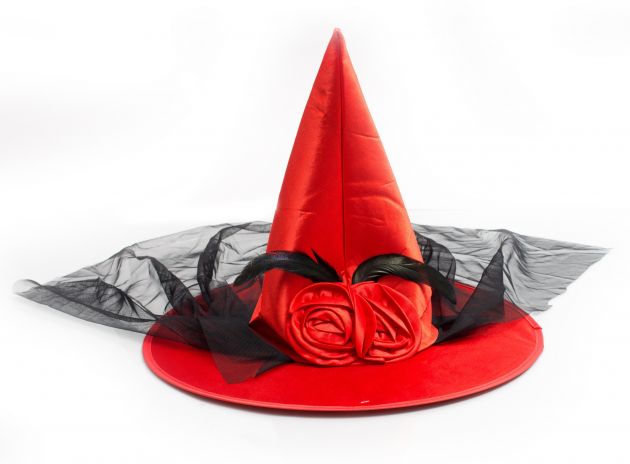 Witch Hat Red with Veil & Flower Decoration