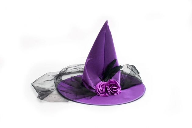 Witch Hat Purple with Veil & Flower Decoration - 6 Pack