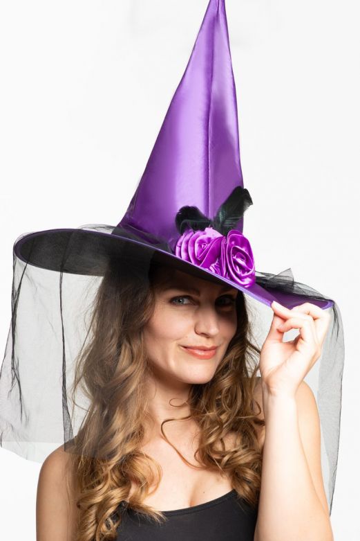 Witch Hat Purple with Veil & Flower Decoration - 6 Pack