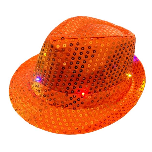 Pailletten Hoedje Oranje met Licht incl Batterijen - 6 Pack