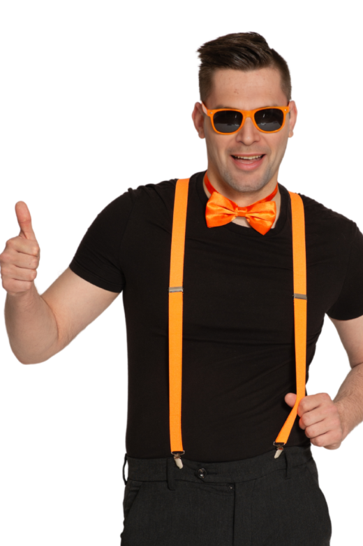 Set Suspenders/Glasses/Bow Tie Neon Orange - 6 Pack