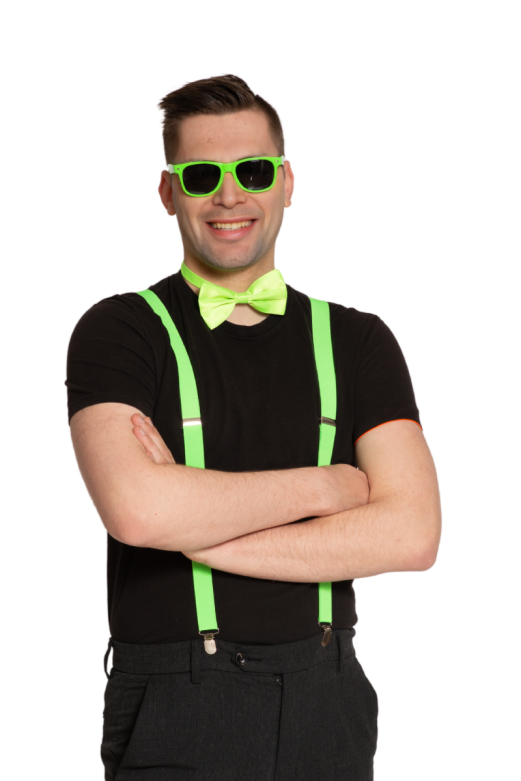 Set Suspenders/Glasses/Bow Tie Neon Green - 6 Pack