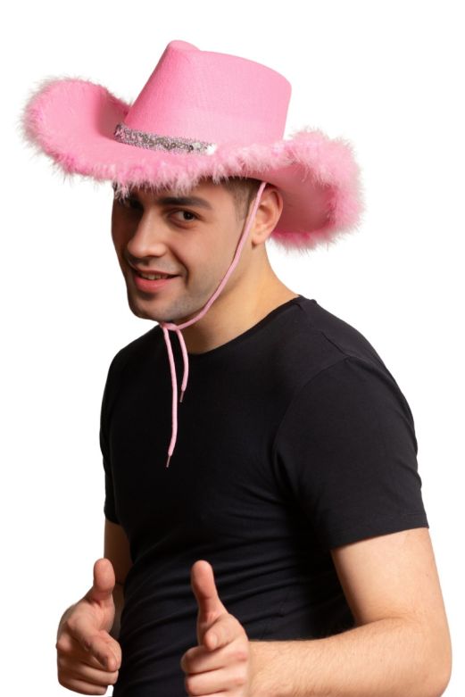 Cowboy Hoed Glitter met Bont Roze - 6 Pack