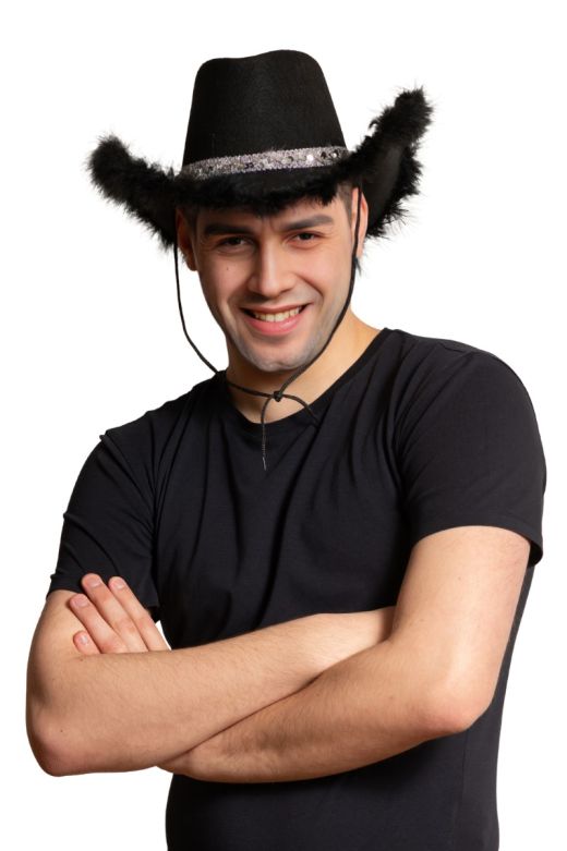 Cowboy Hoed Glitter met Bont Zwart - 6 Pack