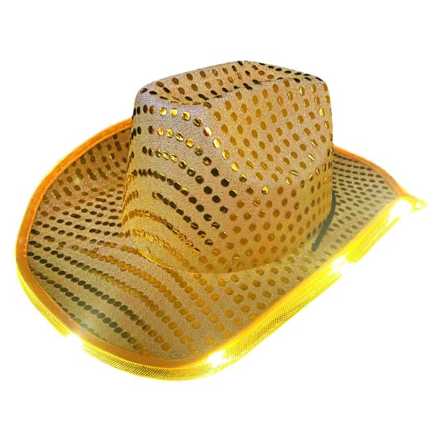 Cowboy Hoed Pailletten met licht incl Batterijen Goud - 6 Pack