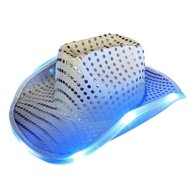 Cowboy Hoed Pailletten met licht incl Batterijen Zilver - 6 Pack