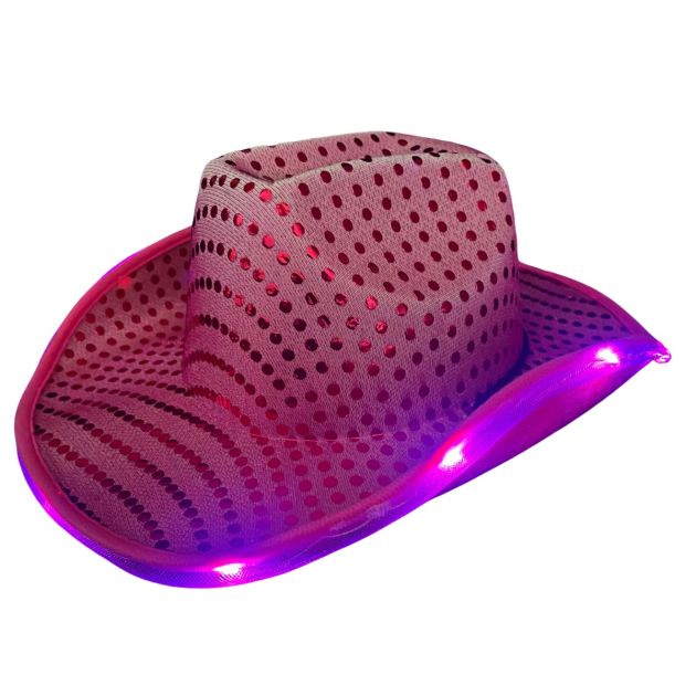 Cowboy Hoed Pailletten met licht incl Batterijen Neon Roze - 6 Pack