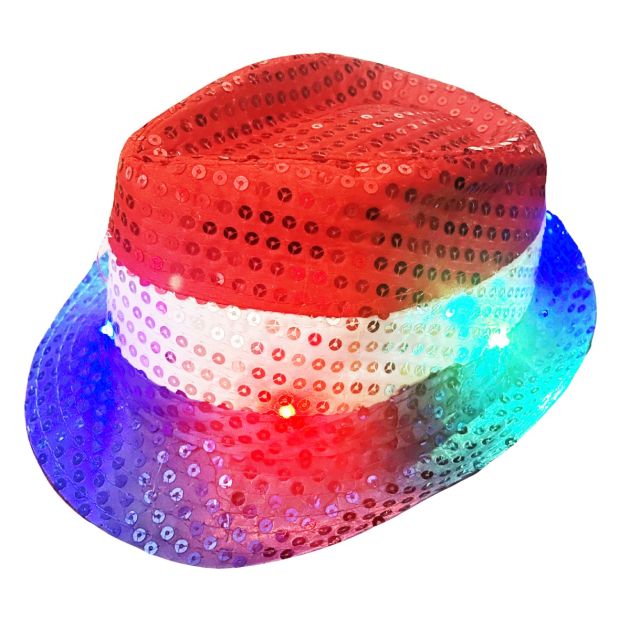 Pailletten Hoedje Rood/Wit/Blauw met licht incl Batterijen - 6 Pack
