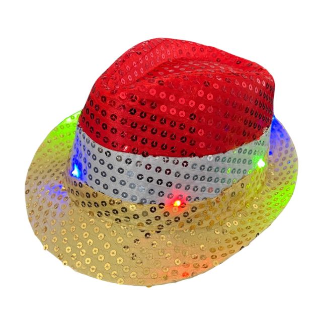Pailletten Hoedje Rood/Wit/Geel met licht incl Batterijen - 6 Pack